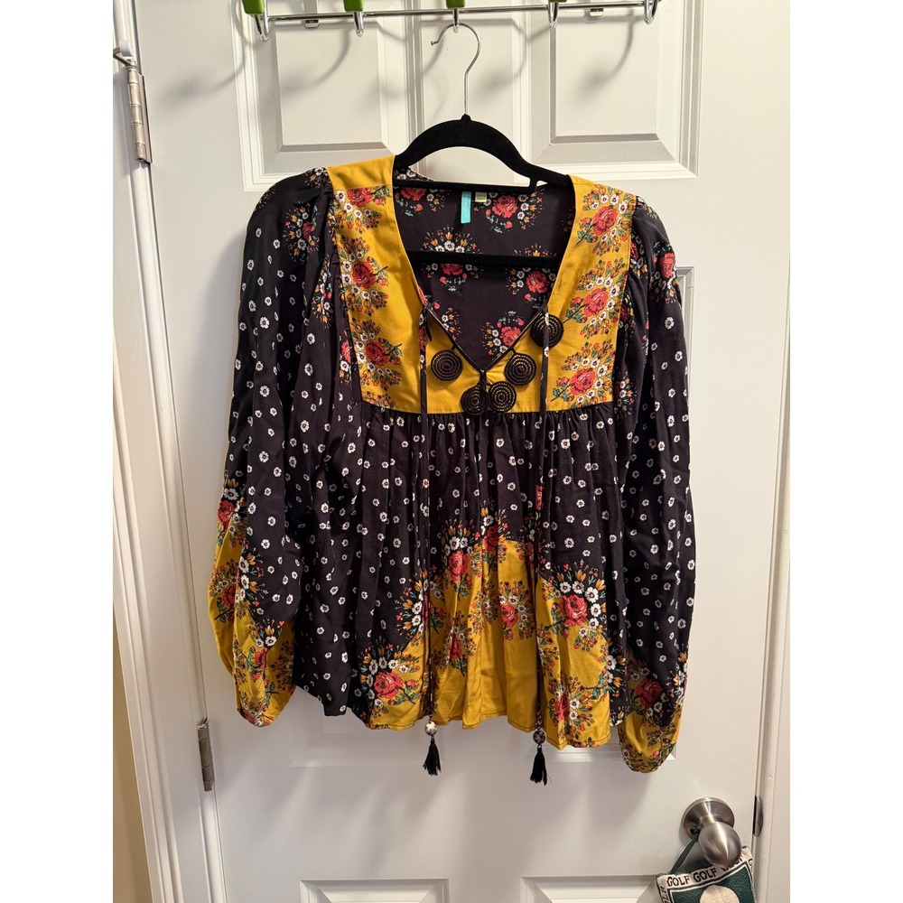 Farm Rio Black & Yellow Floral Boho Peasant Blouse Women's XS